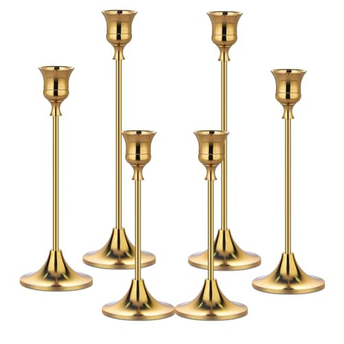 Metal Candle Holders for Candlesticks Taper Candlestick Holders Set Vintage Decorative Centerpiece Candelabra Tall Candle Stands (Gold, 2 Sets (6 pcs)) | Amazon (US)
