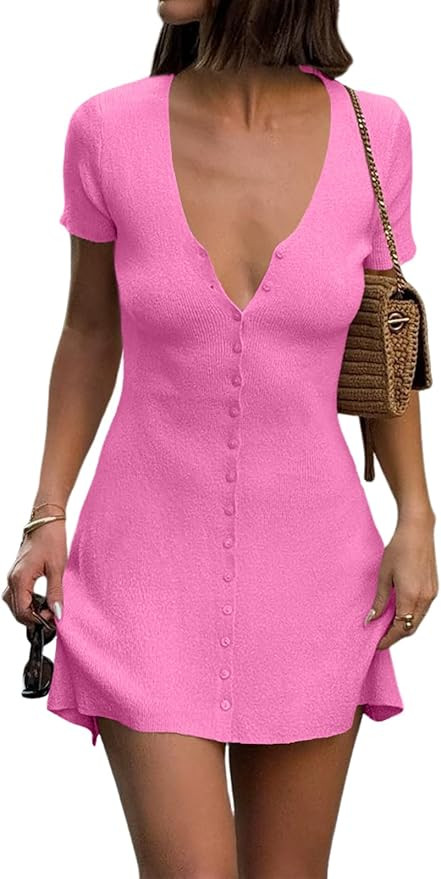 Saodimallsu Womens Short Sleeve Mini Dress V Neck Button Up Cardigan Sweater Summer Ribbed Knit F... | Amazon (US)