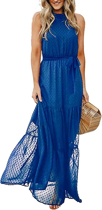 PRETTYGARDEN Women’s Casual Halter Neck Sleeveless Floral Long Maxi Dress Backless Loose Ruffle... | Amazon (US)