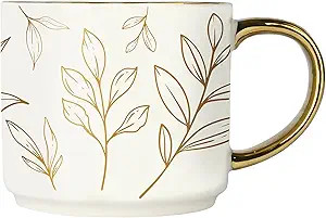Sweet Water Decor Gold Leaves Mug with Gold Handle, 14oz Fine Bone China Coffee Cup for Tea, Latt... | Amazon (US)