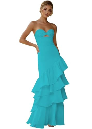Ruffles Chiffon Prom Dresses Strapless Mermaid Long Cocktail Gowns Tiered Cutout Formal Evening Party Dress Aqua | Amazon (US)