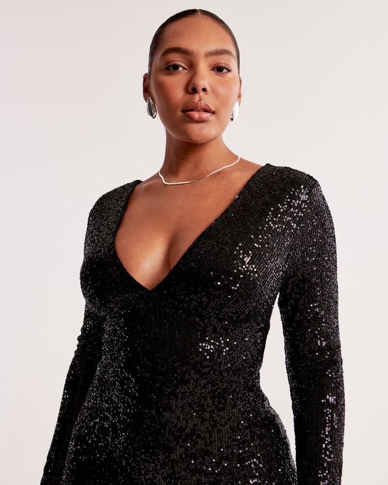 Long-Sleeve Sequin Plunge Midi Dress | Abercrombie & Fitch (US)
