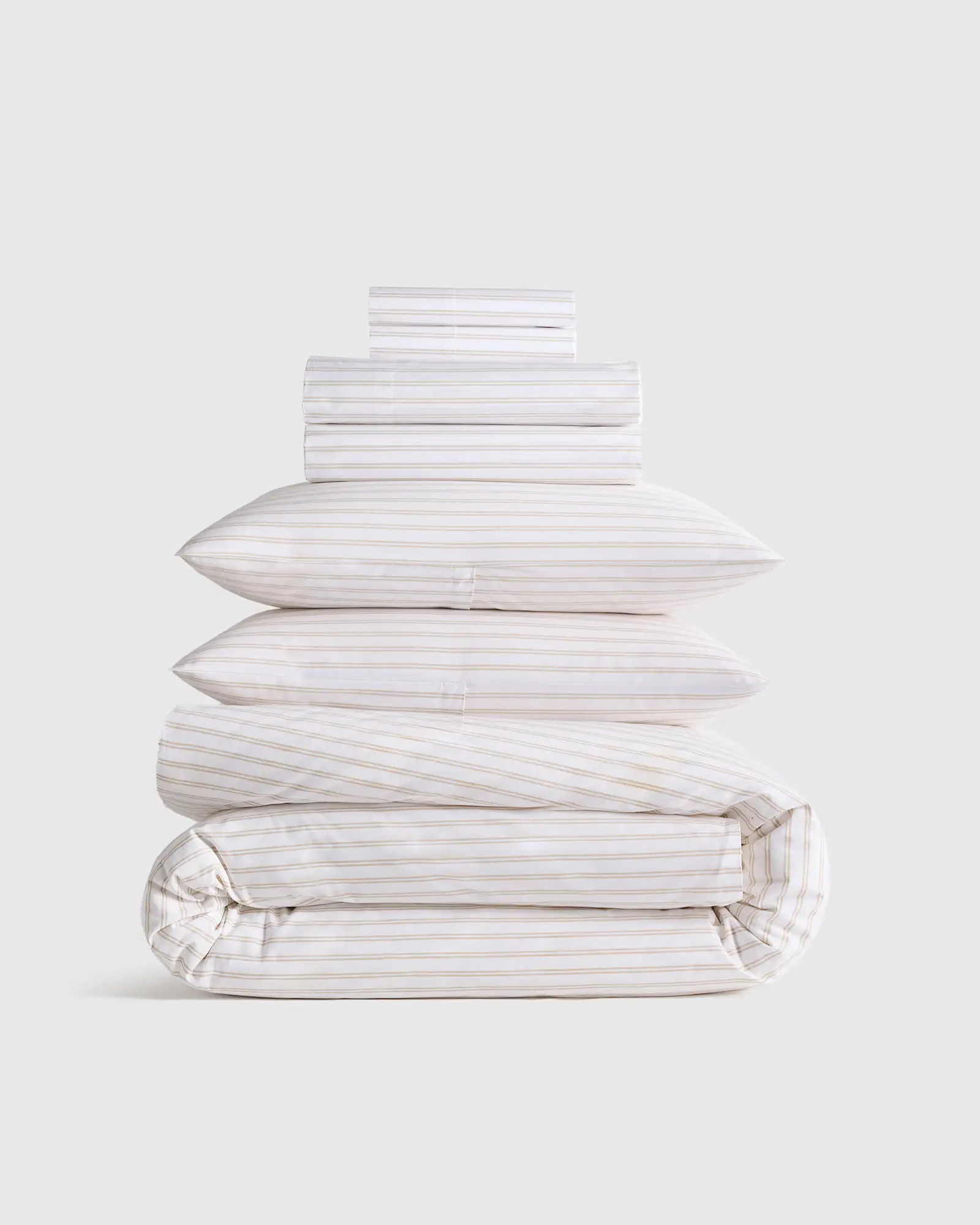 Classic Organic Percale Double Stripe Deluxe Bedding Bundle in White/Toffee | Quince