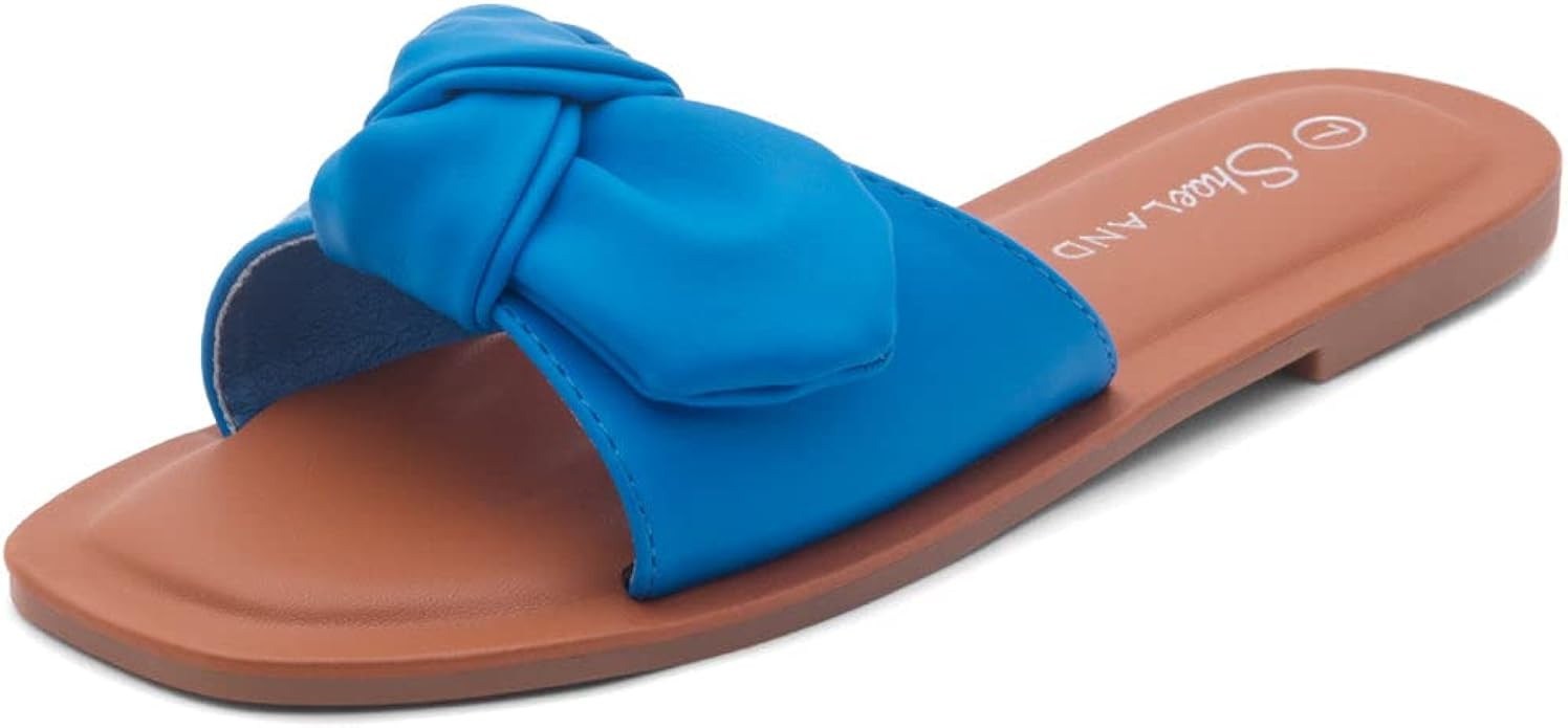 Shoe Land Amilie Women's Square Open Toe Slide Slip on Bow Tie Flat Sandals for Summer | Amazon (US)