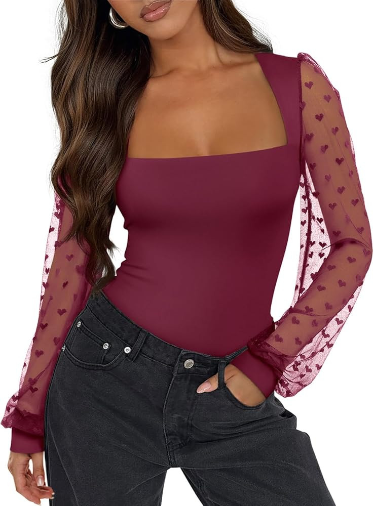 PINKMSTYLE Women's Square Neck Double Lined Mesh Long Sleeve Bodysuits Slim fit Trendy Going Out ... | Amazon (US)