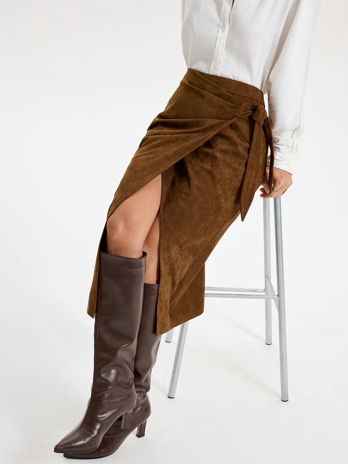 Tie Knot Suede Effect Midi Skirt | Commense