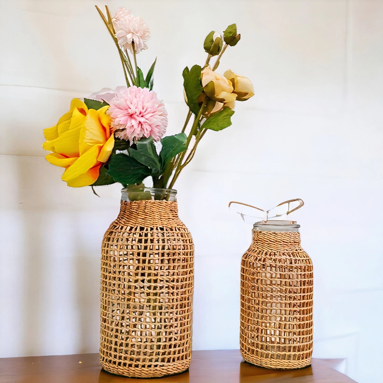 Glass Flower Vases With Rattan Cover Flower Vase Flower Bottle for Floral Flower Bud Vase Home De... | Etsy (US)
