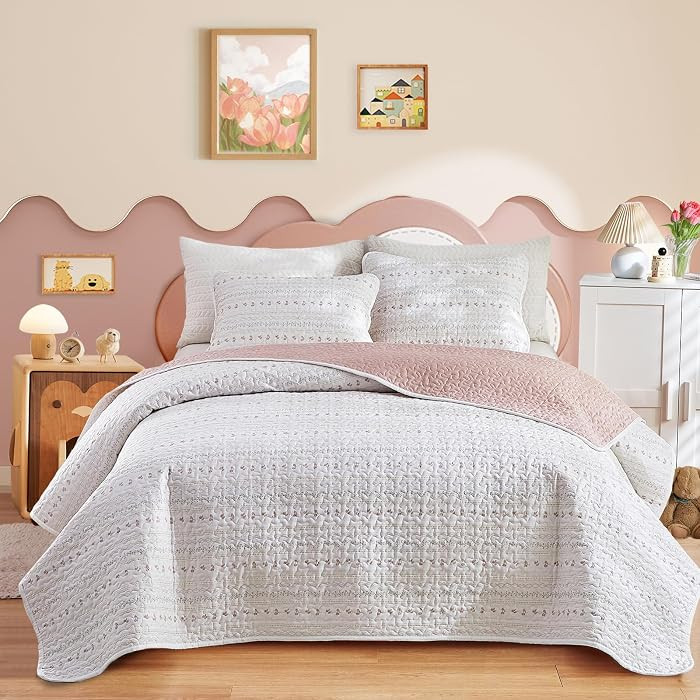 Joyreap 2 Pieces Cotton Quilt Set for Girls, Twin Size Pink Flower Stripes Boho Design for Girls,... | Amazon (US)