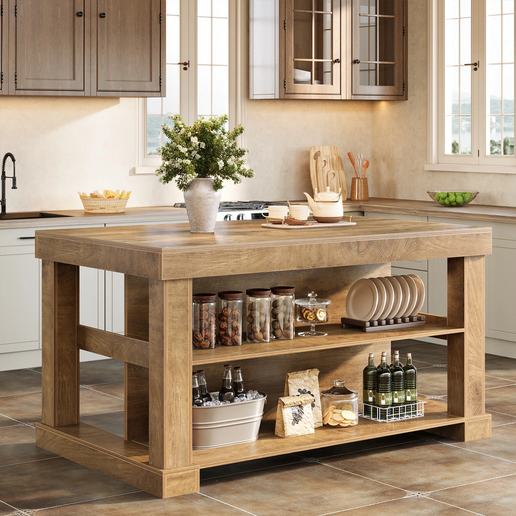 Kitchen Island with Storage Shelves, 55 Inch Kitchen Shelf with Large Worktop, Stable Structure, ... | Wayfair North America