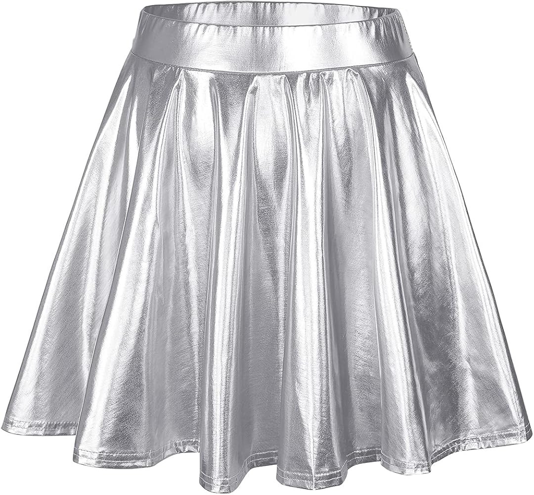 Century Star Womens Metallic Skirt Halloween Silver Shiny Flared High Waist Mini Holographic Pleated | Amazon (US)