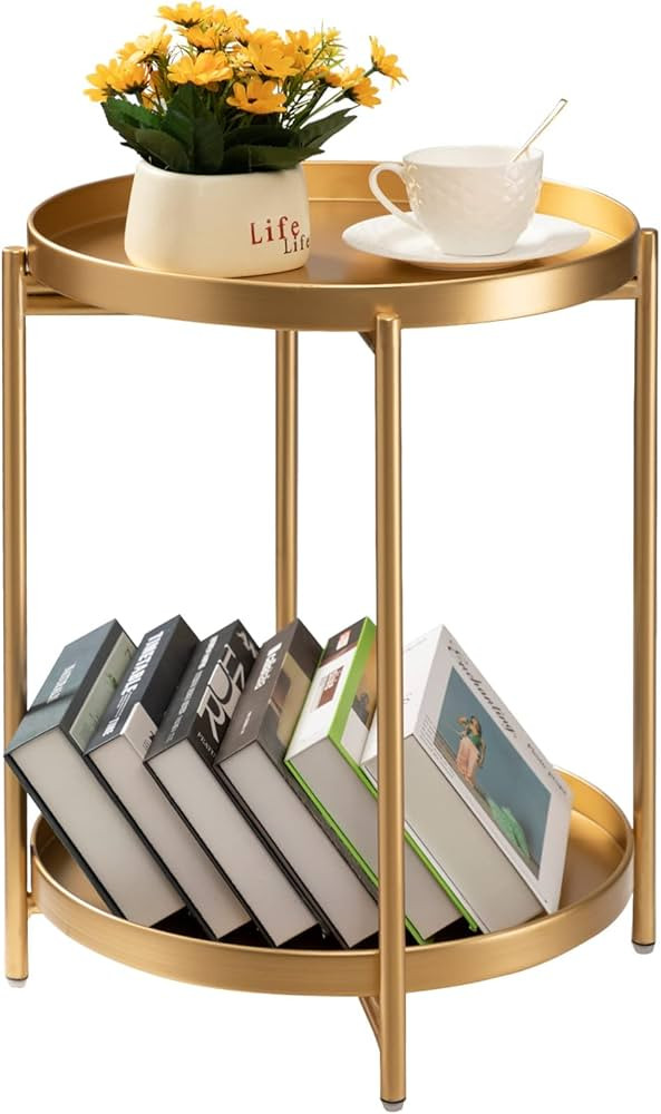 TeoKJ 2 Tier Gold Side Table, Folding Round Metal End Table Small Nightstand with Two Removable T... | Amazon (US)