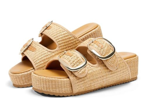 Coutgo Womens Platform Sandals Raffia Espadrilles Two Band Open Toe Slip On Slides Beach Vacation Shoes, Khaki, Size 6.5 | Amazon (US)