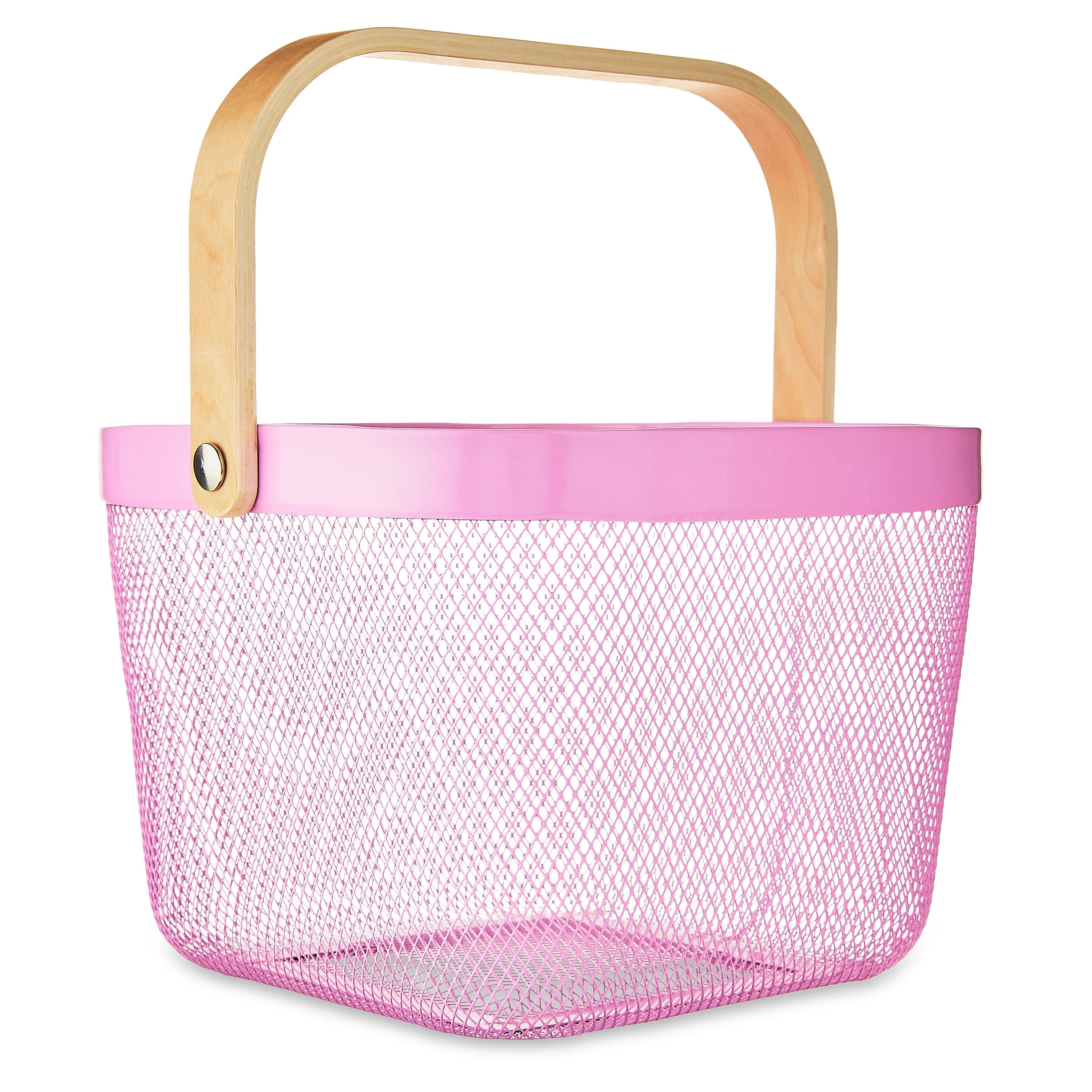 Easter Mesh Basket with Folding Wooden Handle, Pink, 9.4" x 9.8" x 7", by Way To Celebrate | Walmart (US)