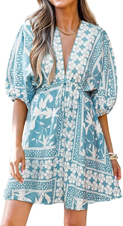 CUPSHE Women's Plunging V Neck Floral Backless Beach Dress Blouson Sleeve Back Tie Waist Tie Mini... | Amazon (US)