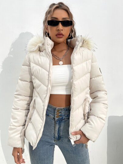Drawstring Zip Up Fuzzy Hooded Winter Coat | SHEIN