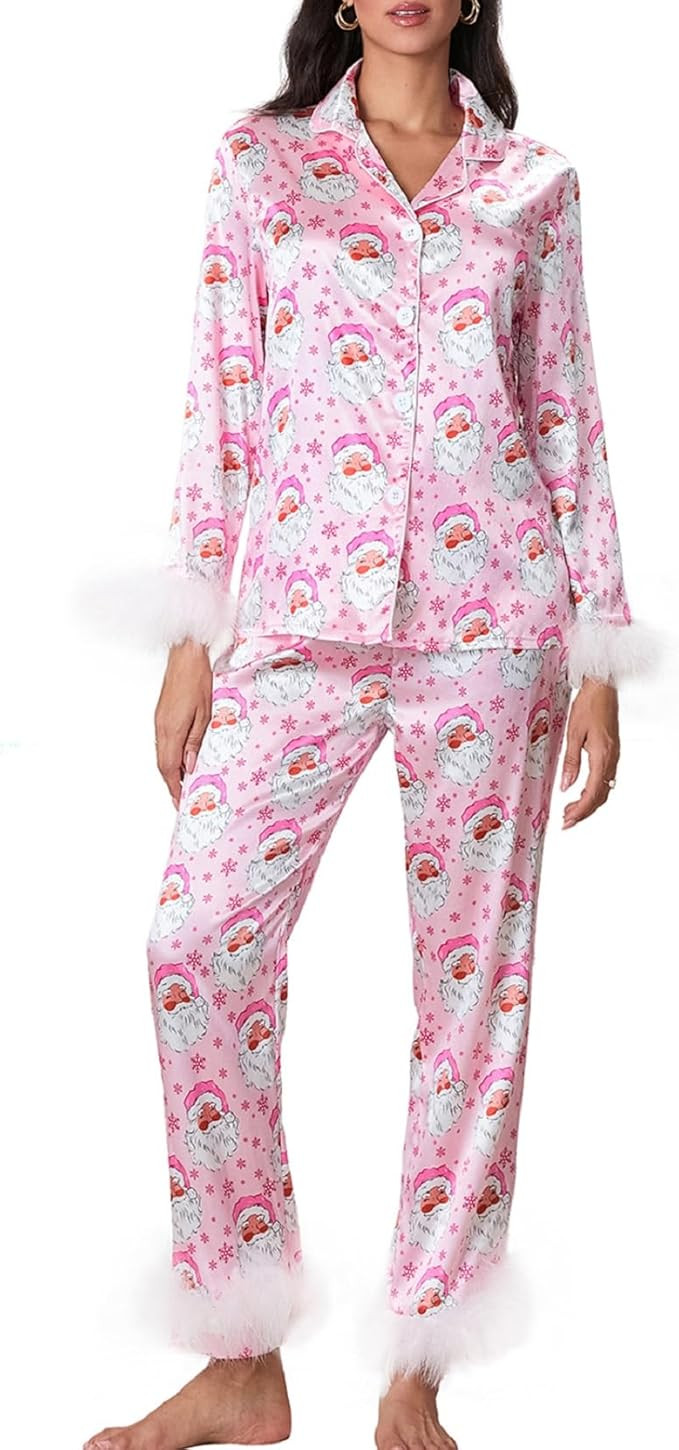 KMBANGI Women Feather Trim Pajama Set Long Sleeve Button Up Top Pants 2Piece Lounge Set Satin Pj ... | Amazon (US)