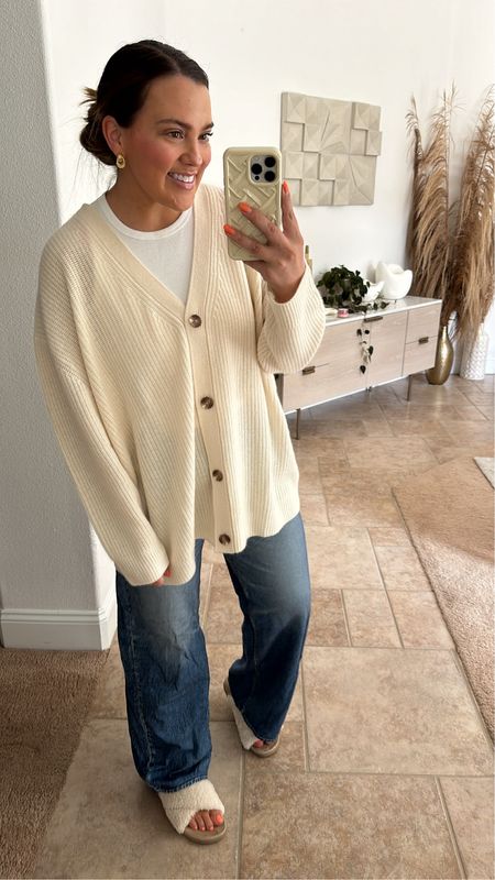 quince cardigan and viral sweatpant jeans. wearing size large in both 

#LTKMidsize #LTKTravel