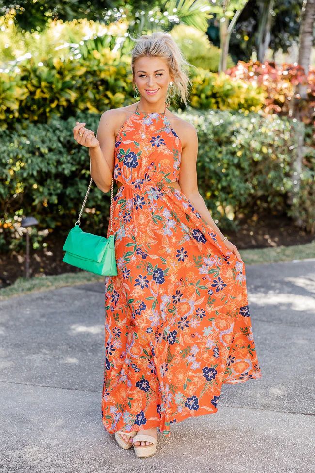 Always On The Sunny Side Orange Floral Halter Maxi Dress | Pink Lily