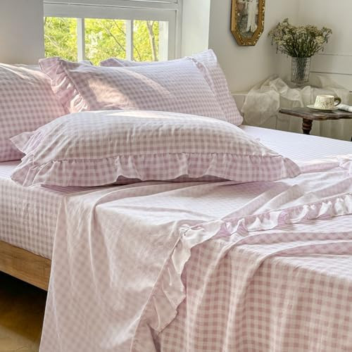 NSNLGSGC Pink Gingham Ruffle Queen Sheet Set, Pink Soft Pre-Washed Microfiber Plaid Queen Bed Sheets, 4-Pieces Farmhouse Sheet Set with Deep Pocket | Amazon (US)