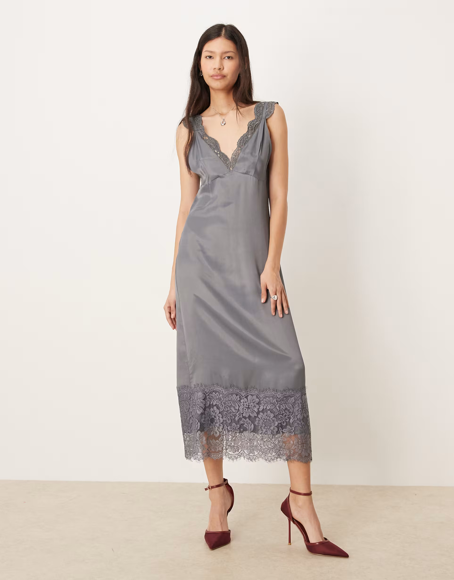 ASOS DESIGN lace detail v-neck satin maxi dress in charcoal gray | ASOS (Global)