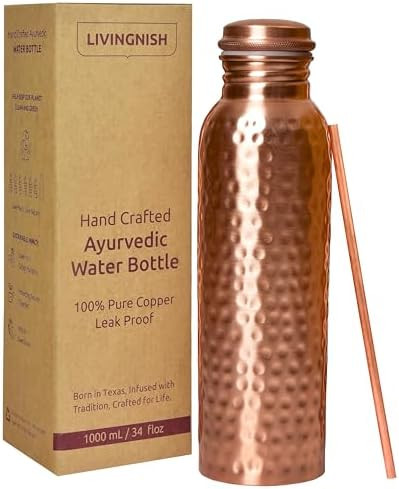 100% Pure Copper Water Bottle for Drinking – Extra Large 34 Oz Wide Mouth, Hammered Ayurvedic C... | Amazon (US)