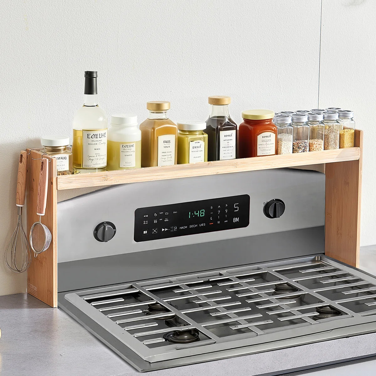Over the Stove Spice Shelf Spice Rack Kitchen Organizer 32.6x13in Bamboo 6 Hooks | Wayfair North America