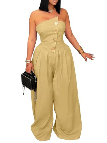KANSOON Jumpsuits for Women Strapless Tube Top Wide Leg Long Pants Buttons Sexy One Piece Dressy Outfits Khaki L | Amazon (US)