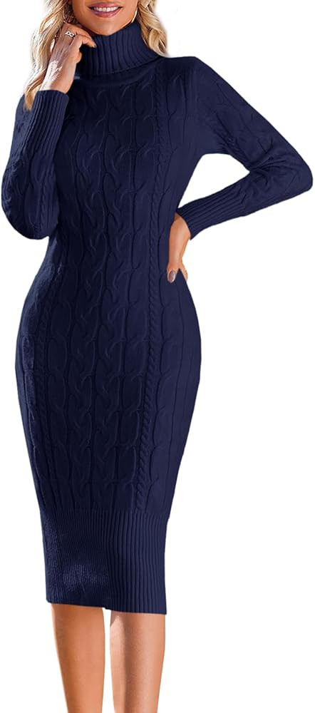 Fangetey Womens Long Sleeve Turtleneck Sweater Dresses Knitted Bodycon Midi Sheath Jumper Dresses | Amazon (US)