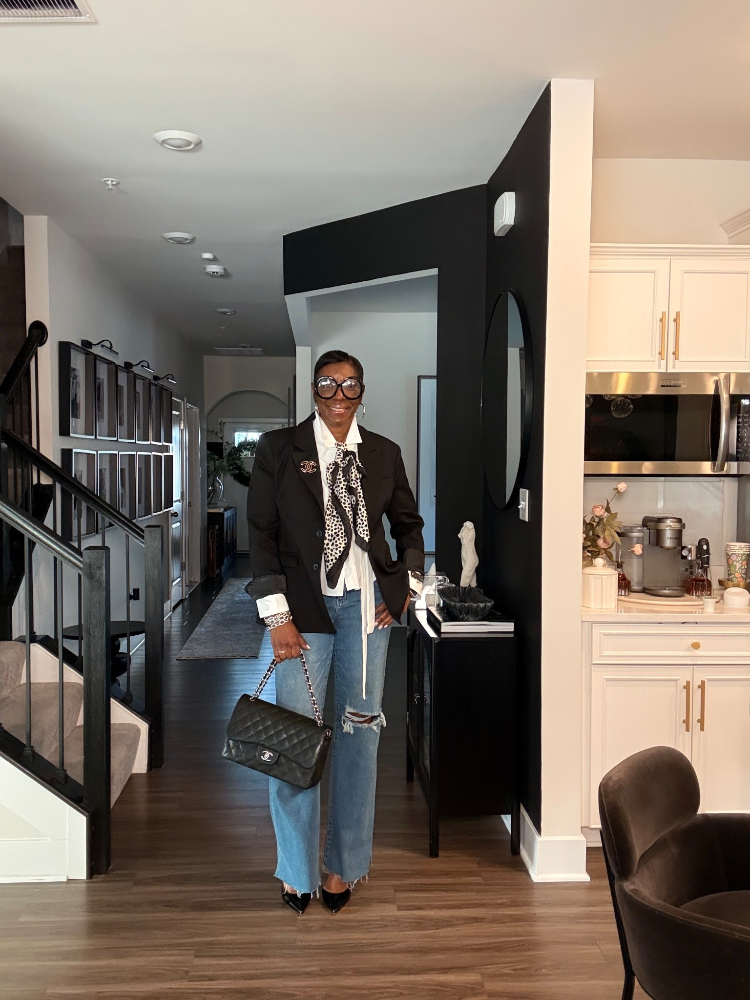 I love that this blazer cinches at the waist. You can dress her up or dress her down, she would look good with jeans or even a dress.!! The black nine West pumps and glasses pulls this look together. 