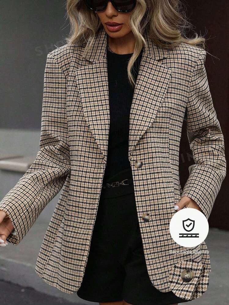 SHEIN Modichic Women Retro Houndstooth Lapel Colorblock Business Casual Blazer | SHEIN