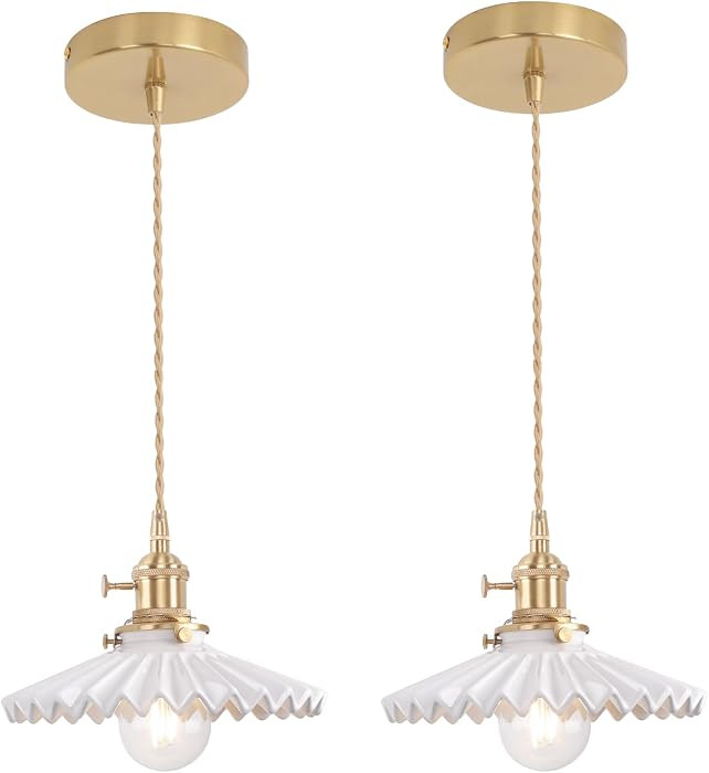 Shenmoyl Pendant Light 2 Pack with White Pleated Ceramic Lmapshade, Brass Vintage Pendant Light A... | Amazon (US)