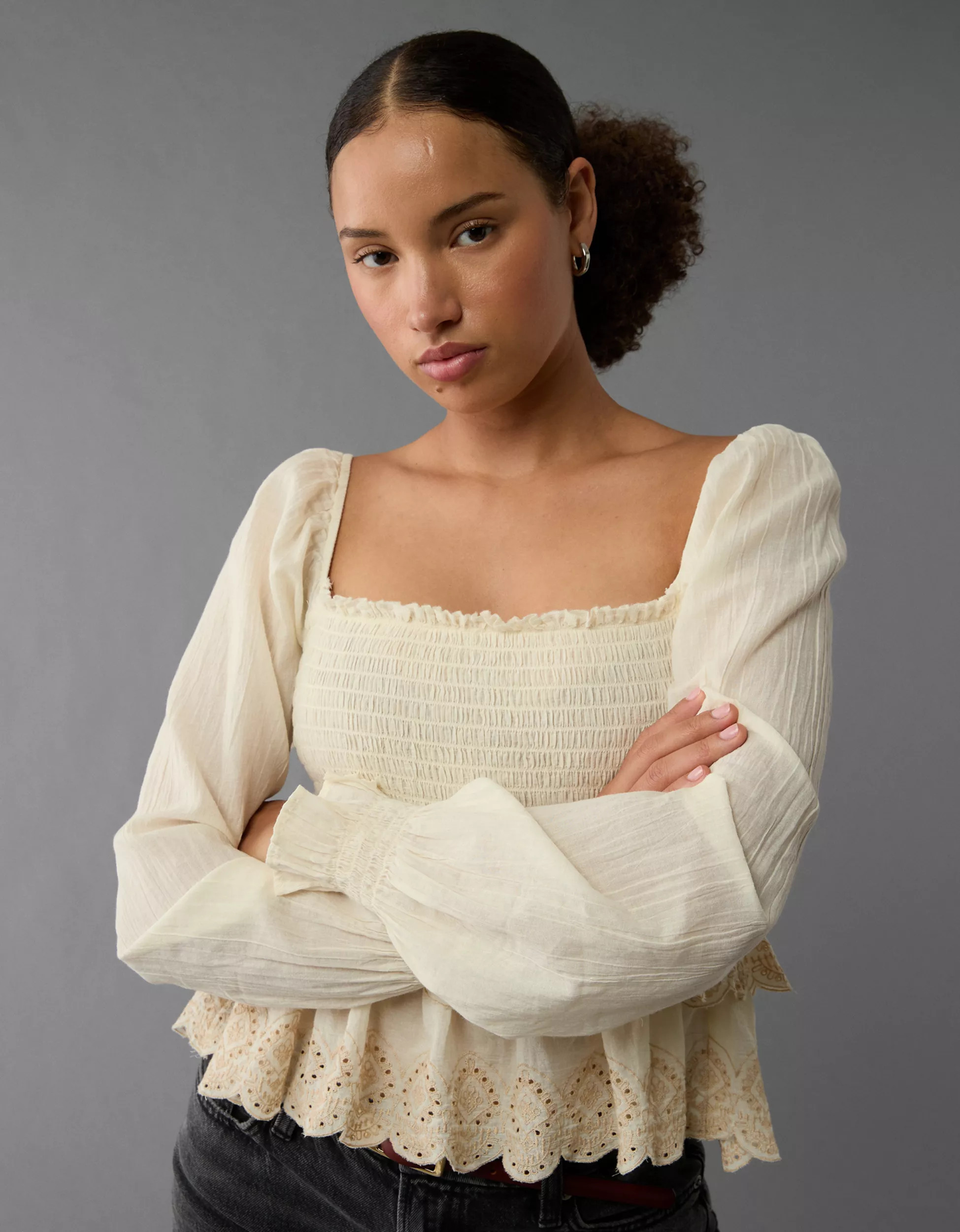 AE Long-Sleeve Smocked Tiered Top | American Eagle Outfitters (US & CA)