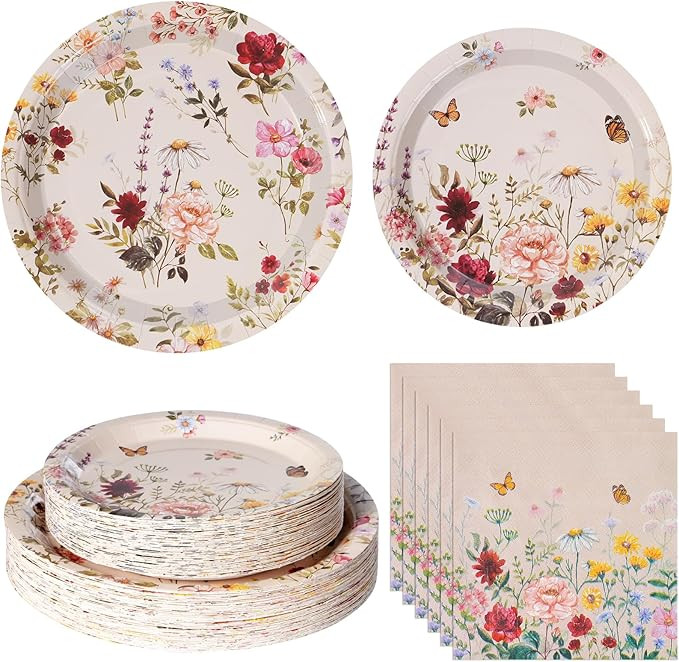200pcs Floral Paper Plates Napkins Set,50set Disposable Wildflower Plate and Napkin for Spring Pa... | Amazon (US)