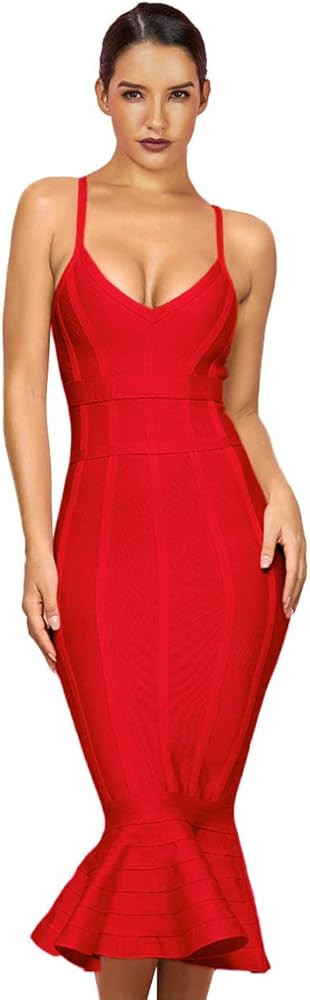 Maketina Women's Mermaid Spaghetti Strap V Neck Bodycon Midi Cocktail Bandage Dress | Amazon (US)