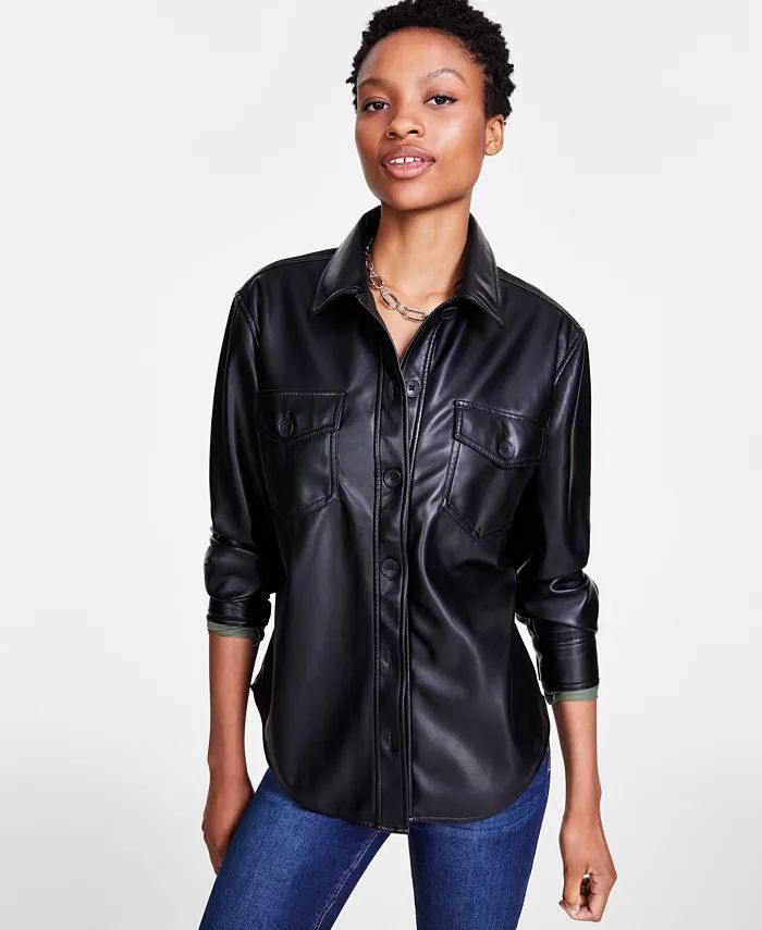 Crave Fame Juniors' Faux-Leather Button-Front Shacket - Macy's | Macy's