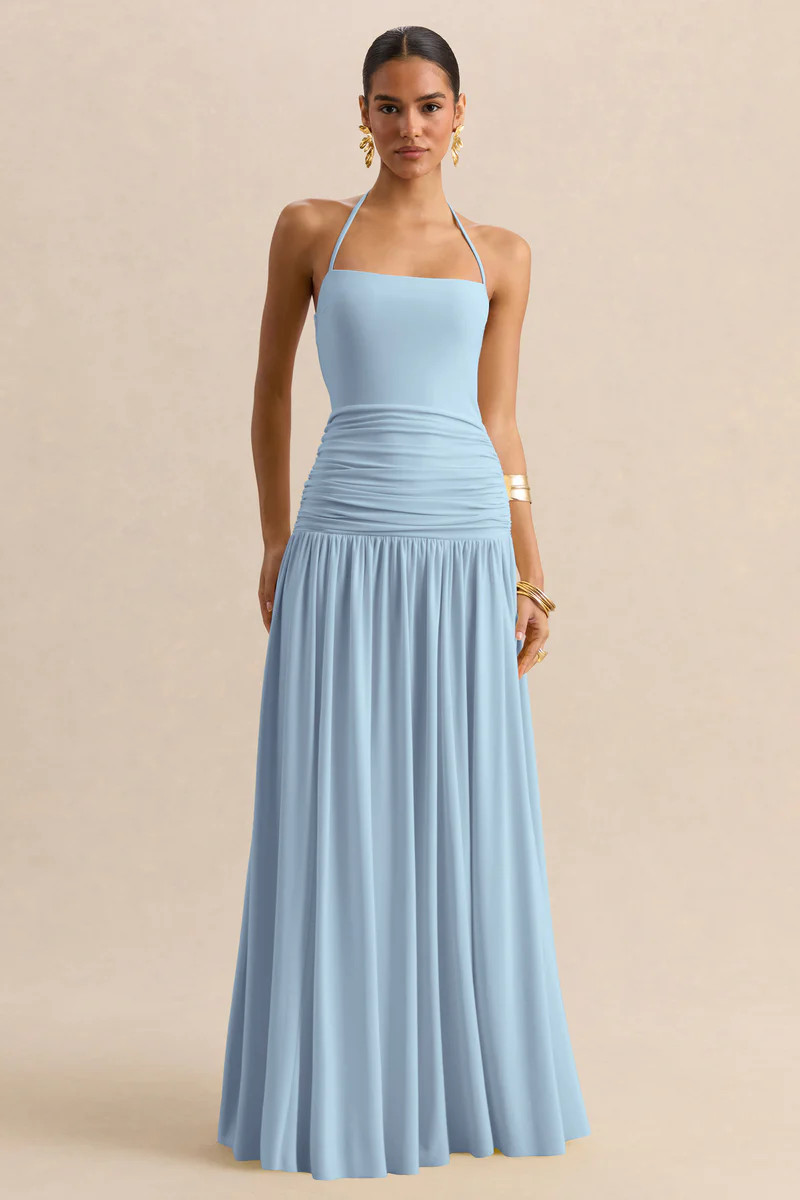 Nicolette  Powder Blue Square-Neck Maxi Dress With Ruched-Detailing | Club L London