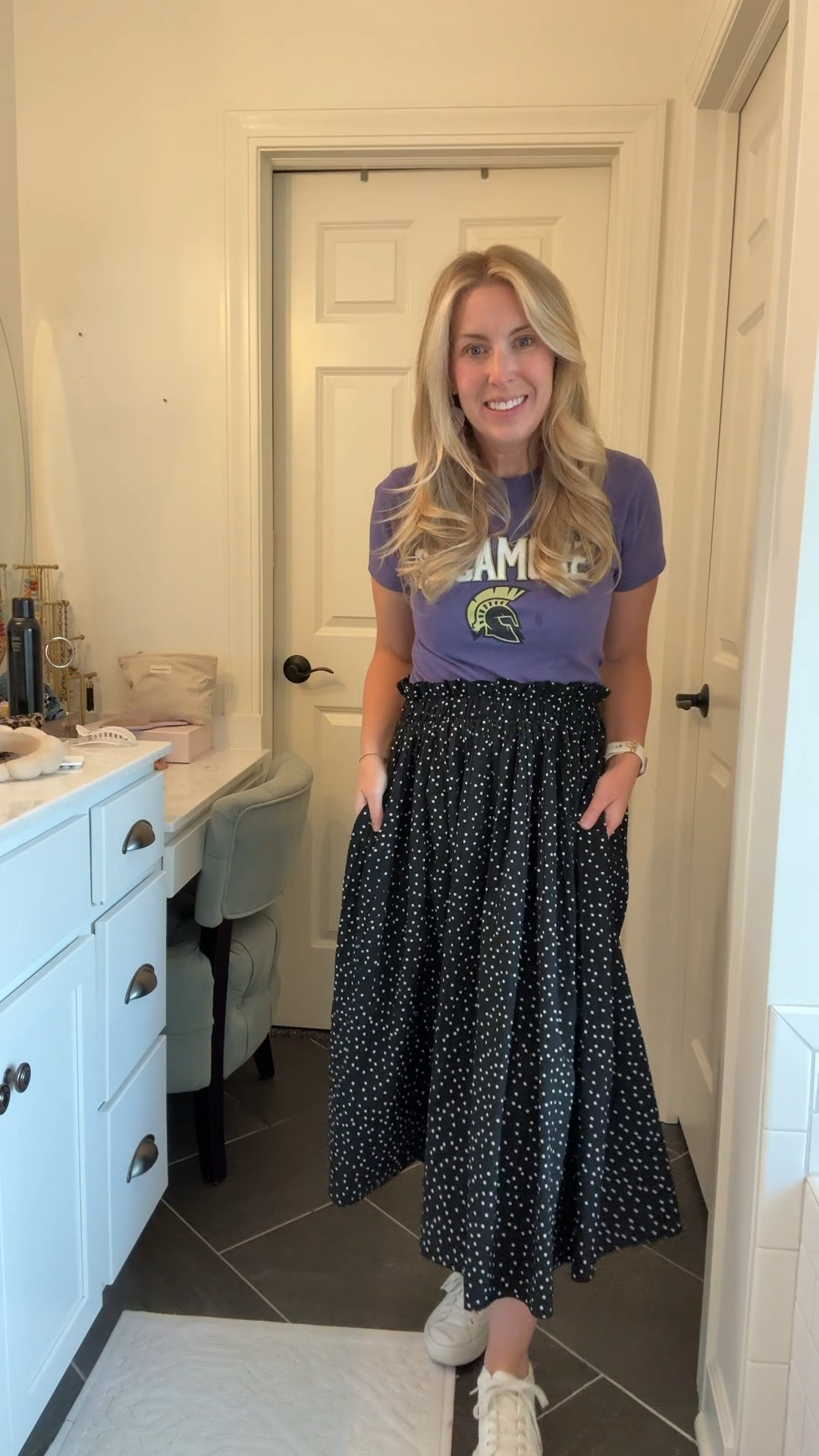 Easy teacher outfit for Spirit Day - pair your school’s graphic tee with this cute and comfy polka dot skirt- comes in so many colors!

#LTKootd #LTKmomlife #LTKgrwm