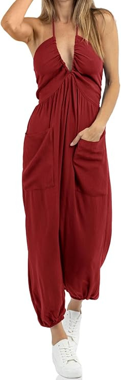 Cicy Bell Women's Sexy Halter Jumpsuits Casual Deep V Nevk Beach Jogger Long Pants Rompers | Amazon (US)