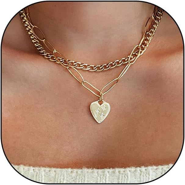 Heart Layered Pendant Necklace for Teen Girls,Dainty 14k Gold Love Choker Chain Necklace for Wome... | Amazon (US)