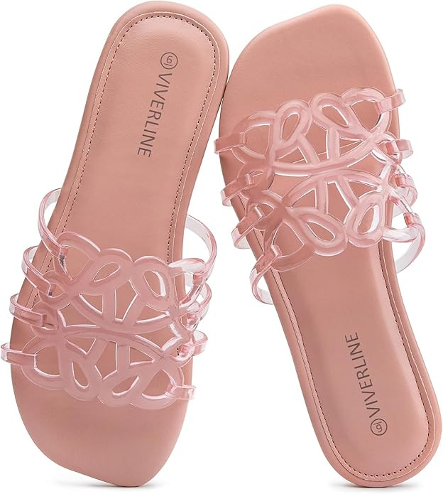 Womens Slide Sandals - Jelly Hollow Slip On Flats with Open Toe - Clear Breathable Fashion Beach ... | Amazon (US)