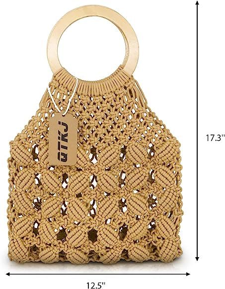 QTKJ Boho Women's Summer Beach Straw Crochet Bag Hollow Out Hand-Woven Cotton Tote Bag Purse with... | Amazon (US)
