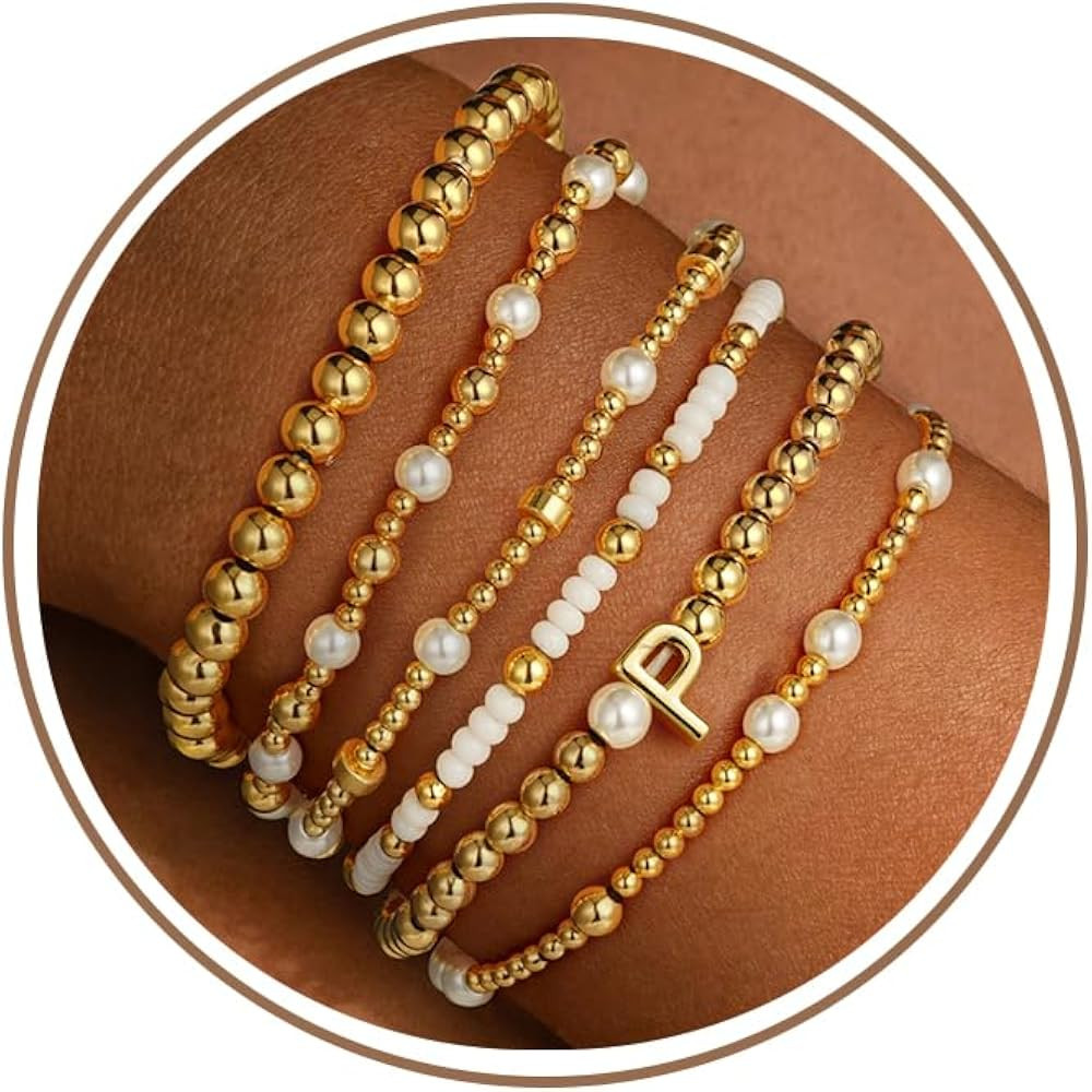 18K Gold Plated Beaded Stretch Initial Bracelet for Women Gifts | Amazon (US)