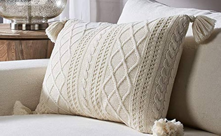 Lumbar Decorative Throw Pillow Cover 100% Cotton Sweater Knit Cushion Case with Tassels for Couch... | Amazon (US)