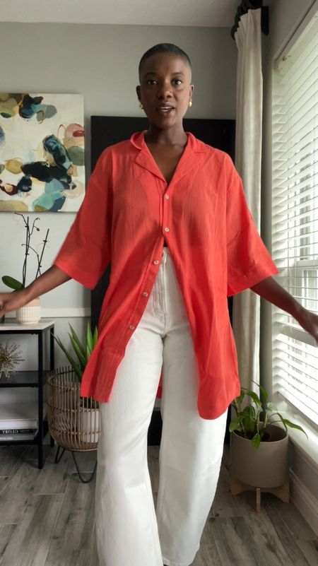 Red Orange cover up on as a top. I’m wear a small. Feel free to size down. My white barrel jeans are a 26 and run true to size  

#LTKxMadewell #LTKVideo #LTKFindsUnder100