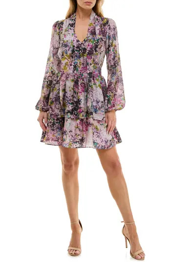 Socialite Long Sleeve Tiered Minidress in Lavender Floral at Nordstrom Rack, Size Large | Nordstrom Rack