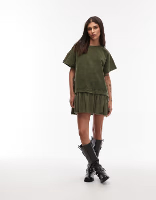 ASOS DESIGN cord hybrid t-shirt mini dress in washed olive | ASOS | ASOS (Global)