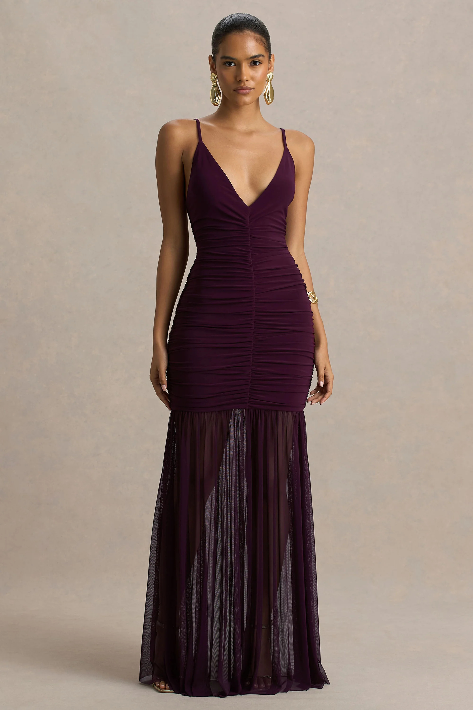 Pasqualina | Plum Ruched Plunge-Neck Maxi Dress | Club L London