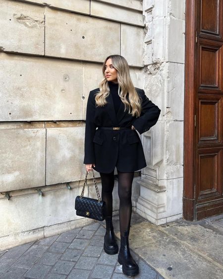 I've taken a favourite classic black look of mine & upgraded it with my new favourite belt. I managed to get my hands on the hermes kelly belt so be prepared to see it a lot! I've belted the waist of an oversized blazer + black jumper dress, layered with sheer tights, chunky boots + my chanel bag.

#LTKeurope #LTKSeasonal #LTKstyletip