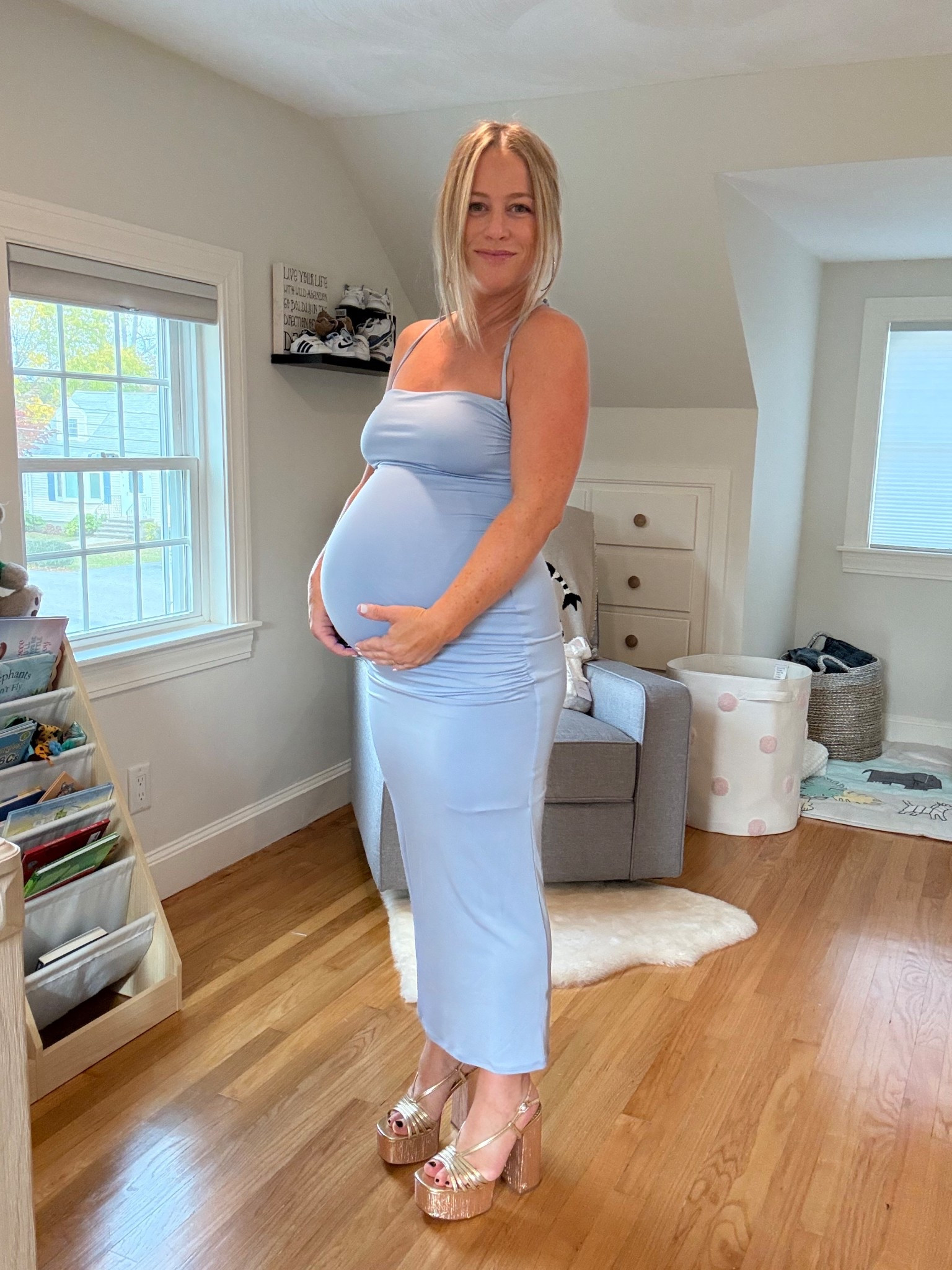 Slinky blue maternity midi or maxi dress. 
This is so comfortable! Perfect for spring or summer baby boy shower or wedding guest dress. This can be worn post partum as well! So flattering! Wearing S 

#LTKSaleAlert #LTKBump #LTKWedding