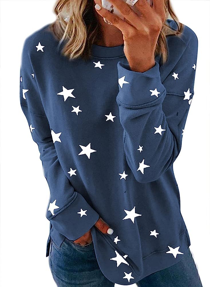 Biucly Womens Casual Long Sleeve Crewneck Sweatshirt Striped Printed Loose Pullover Tops Shirts | Amazon (US)
